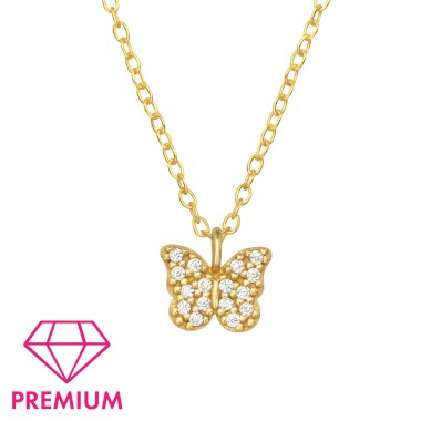 Golden Butterfly with Zirconia - Premium* - 925 Sterling Silver Necklaces With Silver Chains A4S46027
