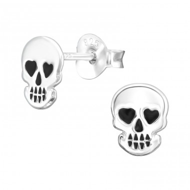 Totenkopf mit schwarzen Augen in Form eines Herzens - Ohrstecker aus 925er Sterlingsilber ohne Stein A4S43908