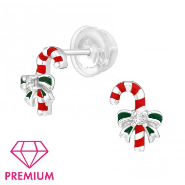 Candy Canes - Premium - 925 Sterling Silver Ear Studs With Enamel Colors A4S40384