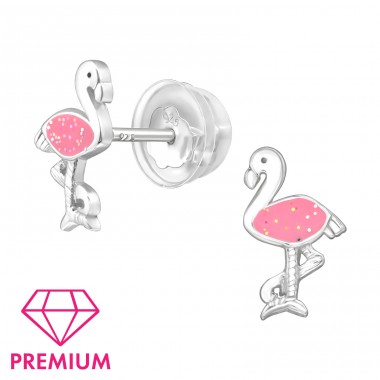 Flamingo with glitter - Premium* - 925 Sterling Silver Ear Studs With Enamel Colors A4S45251