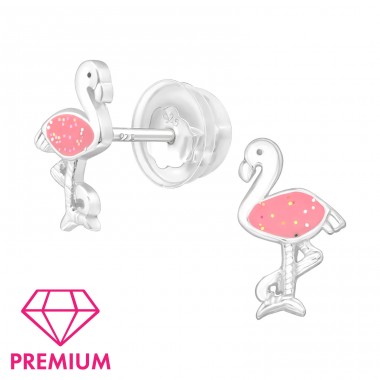 Flamingo with glitter - Premium* - 925 Sterling Silver Ear Studs With Enamel Colors A4S45251