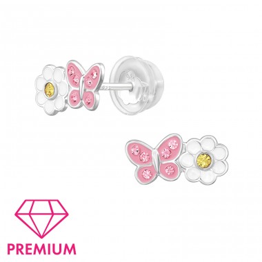 Gänseblümchenblume Mit Schmetterling - Premium* - 925Er Silber Premium Kinder Ohrstecker A4S48772