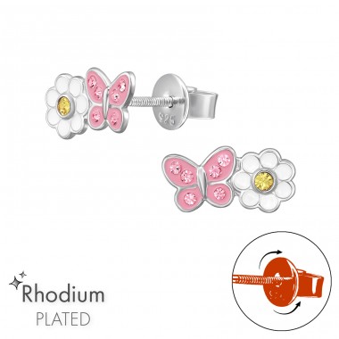 Gänseblümchenblume Mit Schmetterling - 925Er Silber Kinder - Ohrstecker Mit Schraubverschluss A4S49350