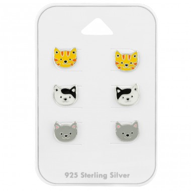 3 Cats ear studs on card - 925 Sterling Silver Jewellery Sets For Kids A4S39681