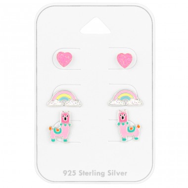 Heart Rainbow Lama on card - 925 Sterling Silver Jewellery Sets For Kids A4S41478