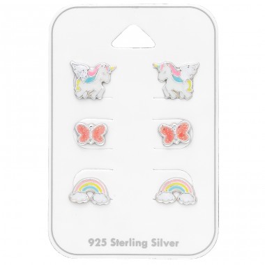 Animal Fantasy set of 3x pairs - 925 Sterling Silver Jewellery Sets For Kids A4S43789
