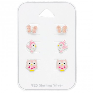 Flying Animals set of 3x pairs - 925 Sterling Silver Jewellery Sets For Kids A4S43795