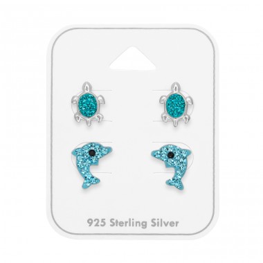 Turtle And Dolphin 2 pairs - 925 Sterling Silver Jewellery Sets For Kids A4S49760