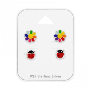 Sun Flower And Ladybug 2 Pairs - 925 Sterling Silver Jewellery Sets For Kids A4S49761