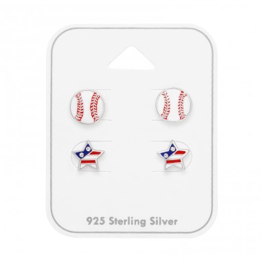 Usa-Star Und Baseball 2 Paare  - 925Er Silber Schmuck-Sets Für Kinder A4S49763