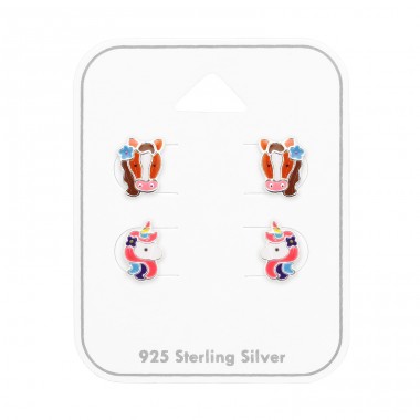 2 Pairs Horse And Unicorn - 925 Sterling Silver Jewellery Sets For Kids A4S50522