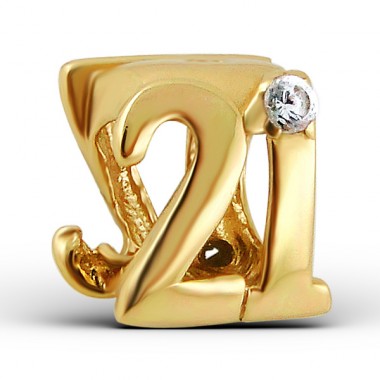 Vergoldete Nummer 21 - 925er Silber Charms Anhänger mit Steinen A4S3738