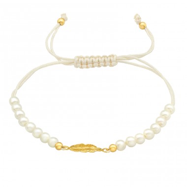Golden Feather with pearls - 925 Sterling Silver + Nylon Cord Bracelets With Cords A4S45727