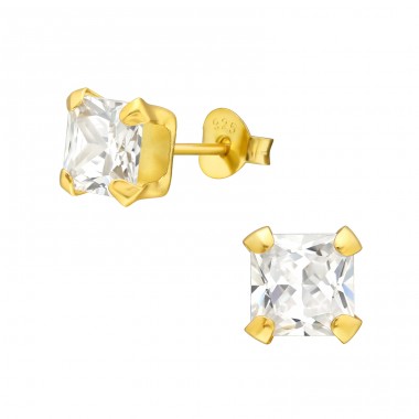 Golden Square 6mm Zirconia - 925 Sterling Silver Basic Ear Studs A4S45181