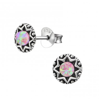 Round Opal - 925 Sterling Silver Ear Studs with semi-precious stones A4S31231