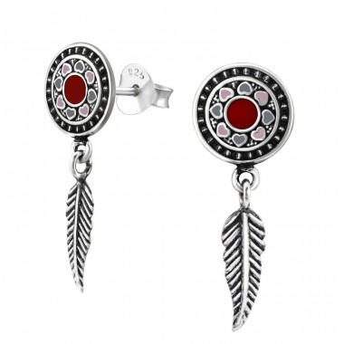 Round Ear Studs With Hanging Feather - 925 Sterling Silver Plain Ear Studs A4S37082