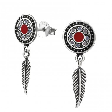 Round Ear Studs With Hanging Feather - 925 Sterling Silver Plain Ear Studs A4S37082