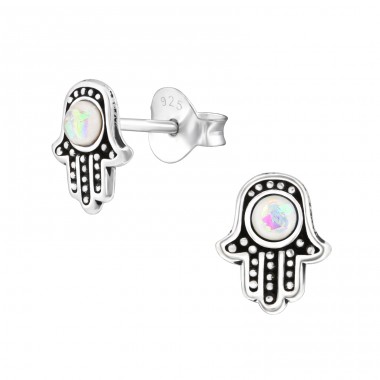 Hamsa - 925 Sterling Silver Ear Studs with semi-precious stones A4S37944