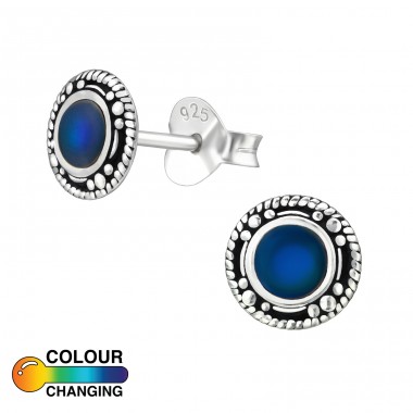 Oxidized - 925 Sterling Silver Ear Studs with semi-precious stones A4S38774