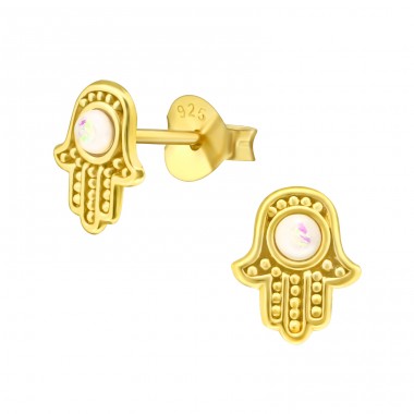 Golden Hamsa with Opal - 925 Sterling Silver Ear Studs With Semi-Precious Stones A4S42107
