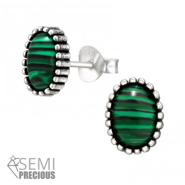 Oval Malachite Semi precious natural stone - 925 Sterling Silver Ear Studs With Semi-Precious Stones A4S43225