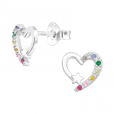 Multicolor zirconia on Heart with star - 925 Sterling Silver Ear Studs With Semi-Precious Stones A4S43735