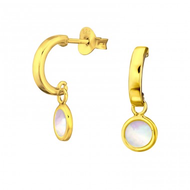 Gold Half Hoop With shell - 925 Sterling Silver Ear Studs With Semi-Precious Stones A4S44229