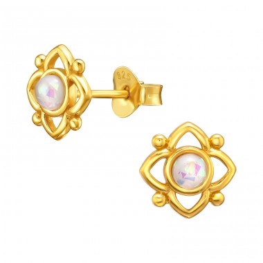 Vergoldete Blume mit Opal - Schmuck Ohrstecker aus Silber 925 mit Halbedelstein A4S44886