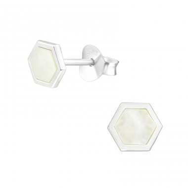 Hexagon with Shell stone - 925 Sterling Silver Ear Studs With Semi-Precious Stones A4S45761