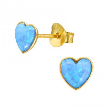 Golden Heart with synthetic Opal stone - 925 Sterling Silver Ear Studs With Semi-Precious Stones A4S46652