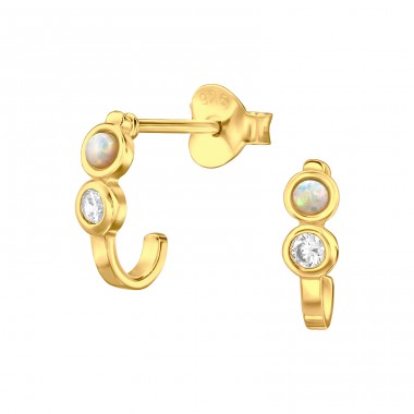  Goldener Gebogene Runde mit Zirkonia und Opal - 925Er Silber Ohrstecker Mit Halbedelsteinen A4S48308