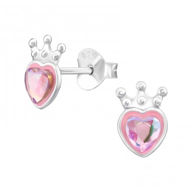 Heart And Crown - 925 Sterling Silver Ear Studs with semi-precious stones A4S48357