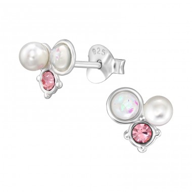 Opal, Crystal and Pearl - 925 Sterling Silver Ear Studs With Semi-Precious Stones A4S49245
