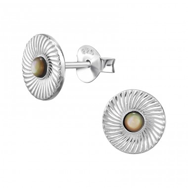 8 mm Rippled Circle with Opal - 925 Sterling Silver Ear Studs With Semi-Precious Stones A4S50193
