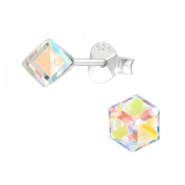 Cube  With Genuine European Crystals - 925 Sterling Silver Lacrystale Silver Ear Studs A4S39192