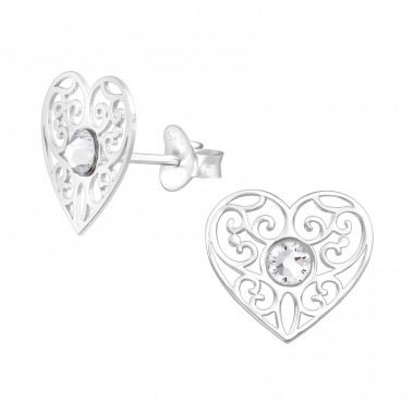 Heart Filigree - 925 Sterling Silver Ear Studs with Crystal stones A4S40008