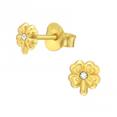 Golden Lucky Clover - 925 Sterling Silver Ear Studs With Crystal Stones A4S40719