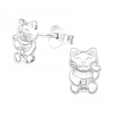 Chinese Lucky Cat - 925 Sterling Silver Ear Studs With Crystal Stones A4S41360