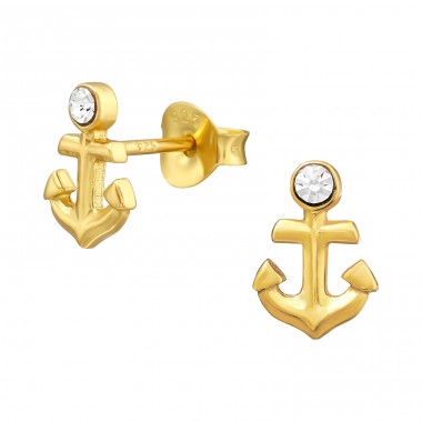 Golden Anchor - 925 Sterling Silver Ear Studs With Crystal Stones A4S43412