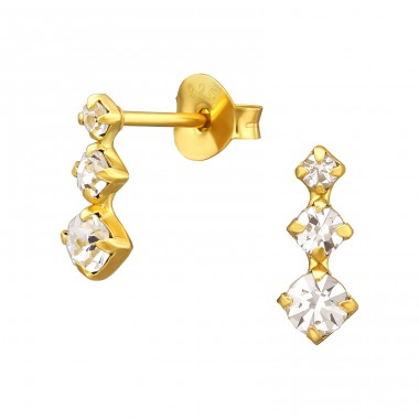 Golden Bar with 3x Crystals - 925 Sterling Silver Ear Studs With Crystal Stones A4S43421