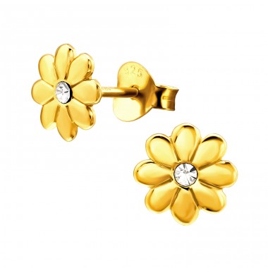 Gold plated Flower - 925 Sterling Silver Ear Studs With Crystal Stones A4S44646