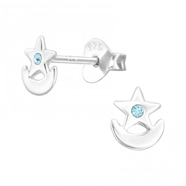 Star on crescent Moon - 925 Sterling Silver Ear Studs With Crystal Stones A4S44647