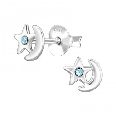 Star on crescent Moon - 925 Sterling Silver Ear Studs With Crystal Stones A4S44647