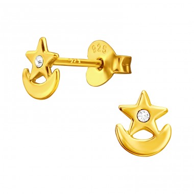Golden star on crescent Moon - 925 Sterling Silver Ear Studs With Crystal Stones A4S44648
