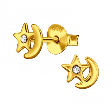 Golden star on crescent Moon - 925 Sterling Silver Ear Studs With Crystal Stones A4S44648