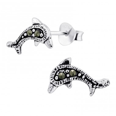 Dolphin jumping - 925 Sterling Silver Ear Studs With Crystal Stones A4S44916