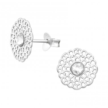 Laser Cut Filigree - 925 Sterling Silver Ear Studs With Crystal Stones A4S45011