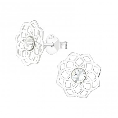 Laser Cut Flower Filigree - 925 Sterling Silver Ear Studs with Crystal stones A4S45696