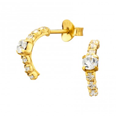 Golden Semi Hoops - 925 Sterling Silver Ear Studs With Crystal Stones A4S46194