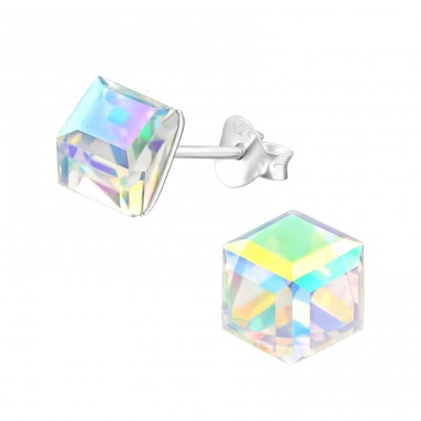 Cube Ear studs - 925 Sterling Silver Ear Studs With Crystal Stones A4S46245